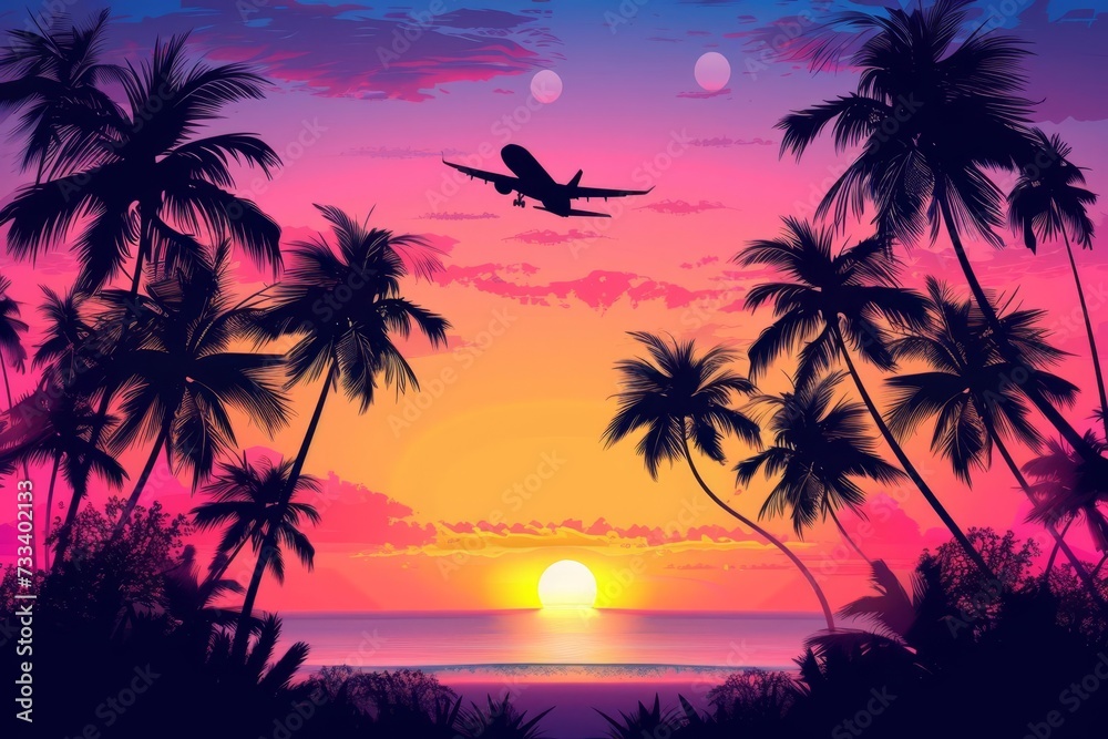 Airplane silhouette flying above tropical palm trees during a breathtaking sunset Evoking the allure of travel Adventure And the beauty of exotic destinations
