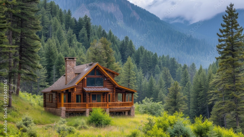 A serene mountain cabin nestled among tall pines, offering a peaceful retreat from the chaos of everyday life A serene mountain cabin nestled among tall pines, offering a peaceful retreat from the chaos of everyday life
