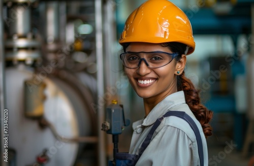 a smiling young engineer dressed in a safety helmet and hard hat in a city bo...