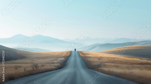 A minimalist countryside road, with a person walking along against a backdrop of rolling hills and distant mountains