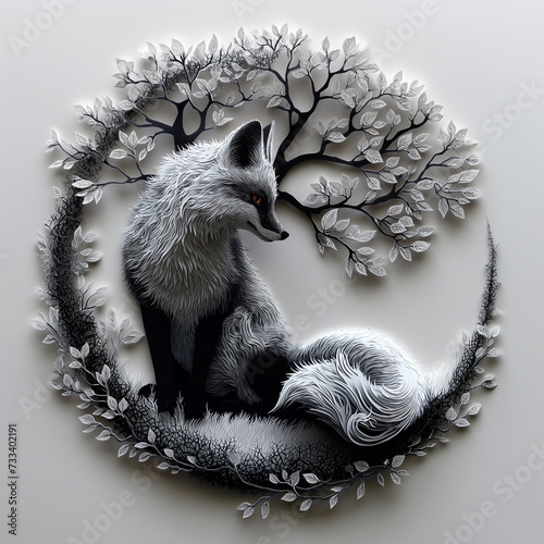 A beautifully crafted piece of art featuring a silver fox encircled by a detailed tree and floral design, creating an atmosphere of serene winter wonder