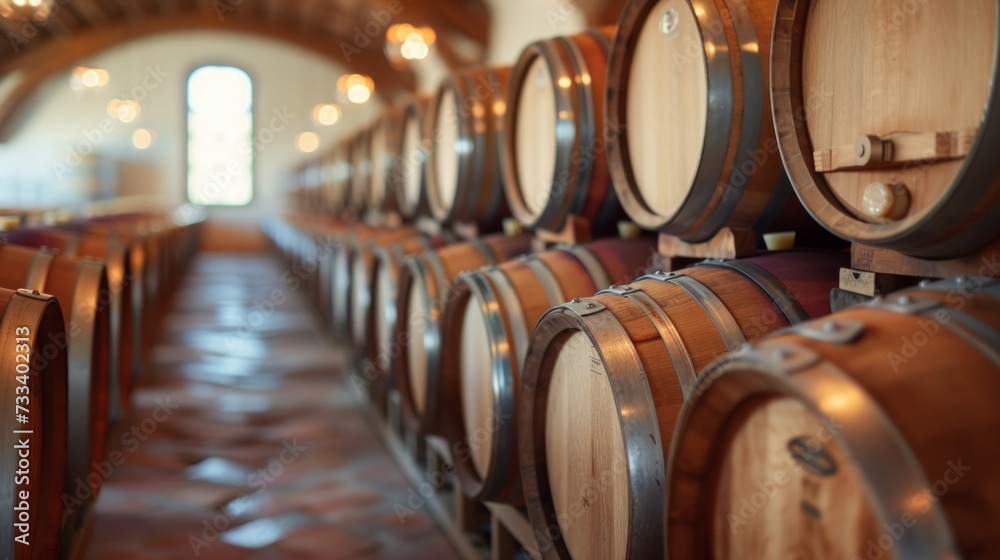 A rustic winery tour, with barrels of aging wine and vineyard vistas providing the backdrop for tastings and tours