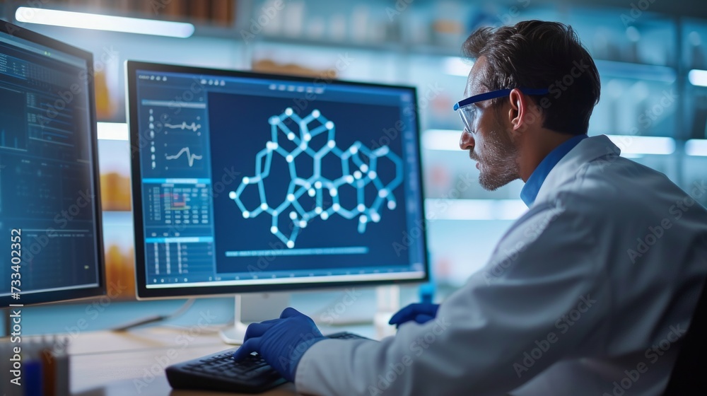A scientist viewing a complex molecular structure on a computer screen, the blueprint of matter A scientist viewing a complex molecular structure on a computer screen, the blueprint of matter