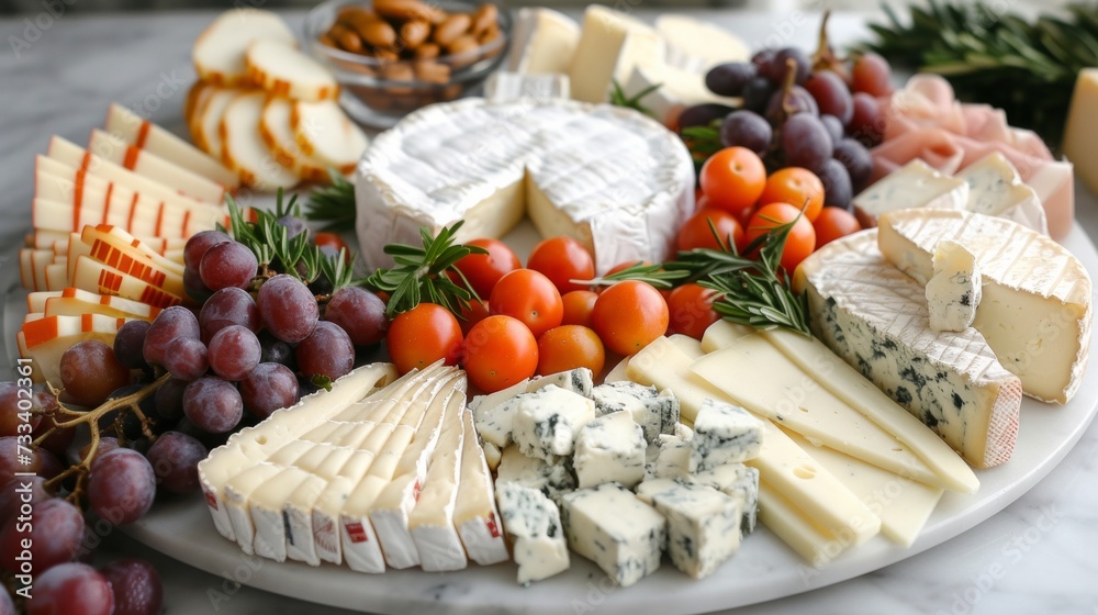 A platter of artisanal cheeses, a feast for the eyes with its variety of colors, textures, and flavors A platter of artisanal cheeses, a feast for the eyes with its variety of colors, textures, and flavors