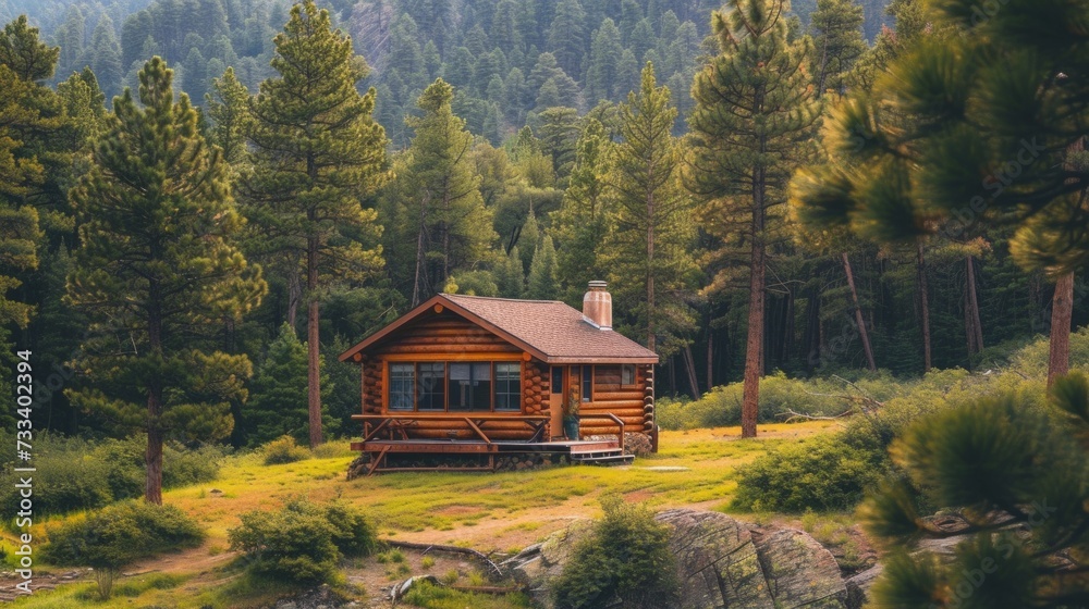 A serene mountain cabin nestled among tall pines, offering a peaceful retreat from the chaos of everyday life A serene mountain cabin nestled among tall pines, offering a peaceful retreat from the chaos of everyday life