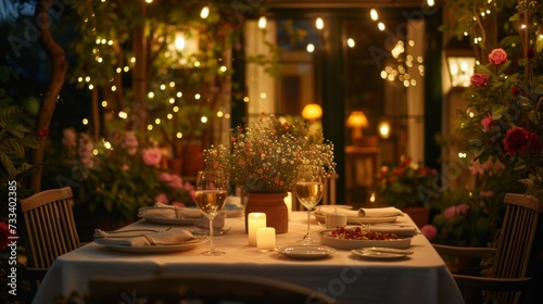 A romantic dinner setting on a candlelit terrace, with a table adorned with f...