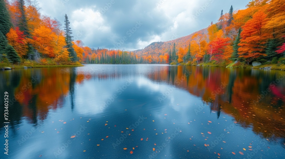 A serene lake reflecting the colors of autumn, surrounded by vibrant foliage ablaze with seasonal hues