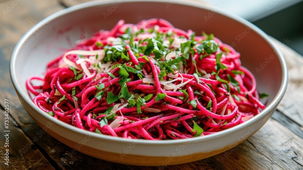 a close up of a bowl of food with radishes in it on a wooden table with a blurry background and a blurry image of a person in the background. a close up of a bowl of food with radishes in it on a wooden table with a blurry background and a blurry image of a person in the background.