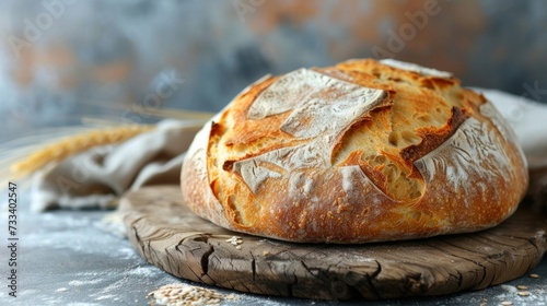 A rustic loaf of sourdough bread, crusty exterior giving way to a soft, chewy interior. large copyspace area
