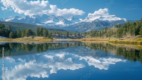 A serene mountain lake, nestled among snow-capped peaks