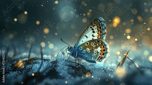  a butterfly sitting on top of a pile of snow on top of a pile of grass with drops of dew on the wings of the wings and on the wings of the wings of the wings of the wings of the wings of the wings. © Anna