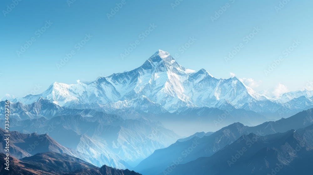 A majestic mountain range, with snow-capped peaks towering against a backdrop of clear blue skies A majestic mountain range, with snow-capped peaks towering against a backdrop of clear blue skies