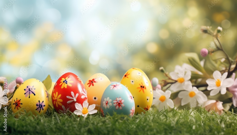 Various Easter eggs and spring flowers in Green Grass background Various Easter eggs and spring flowers in Green Grass background