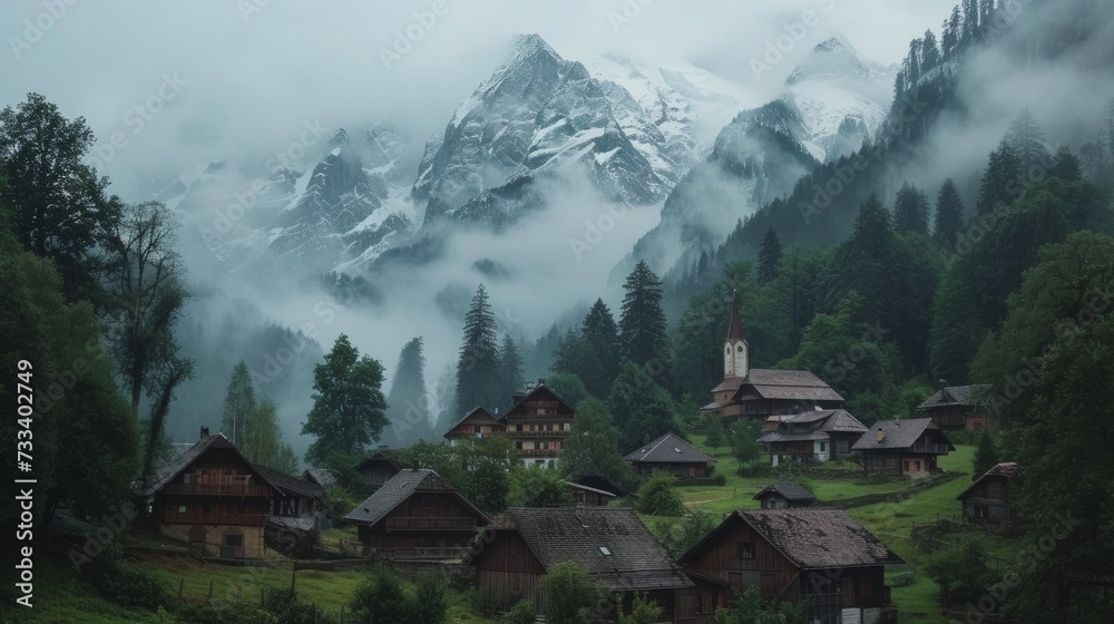 A quaint village nestled in the Swiss Alps, with wooden chalets and snow-covered peaks creating a fairytale scene