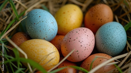  a close up of a nest of eggs with speckled eggs in the middle of the nest, with green grass in the foreground and brown speckled eggs in the middle.