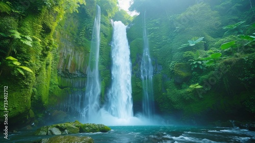 A picturesque waterfall  with cascading waters framed by lush greenery and moss-covered rocks