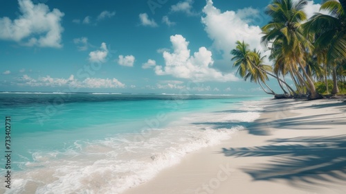 A serene beach scene  with palm trees swaying in the breeze and turquoise waters lapping at the shore
