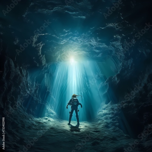 Underwater Explorer in a Majestic Ocean Cavern with Sunlight Beam
