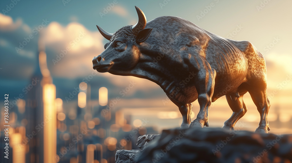 Statue of a bull in front of a big city, symbolizing bull run in crypto markets