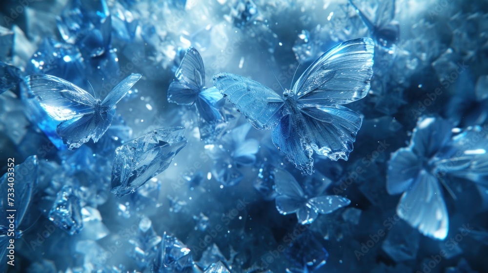 a group of blue butterflies flying through a sky filled with lots of raindrops on top of a leafy green leafy plant in the middle of the center of the picture. a group of blue butterflies flying through a sky filled with lots of raindrops on top of a leafy green leafy plant in the middle of the center of the picture.
