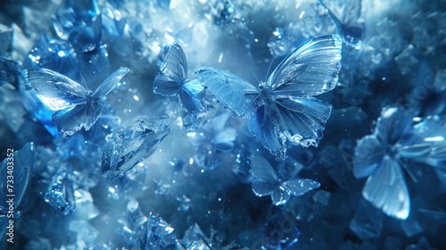  a group of blue butterflies flying through a sky filled with lots of raindrops on top of a leafy green leafy plant in the middle of the center of the picture.