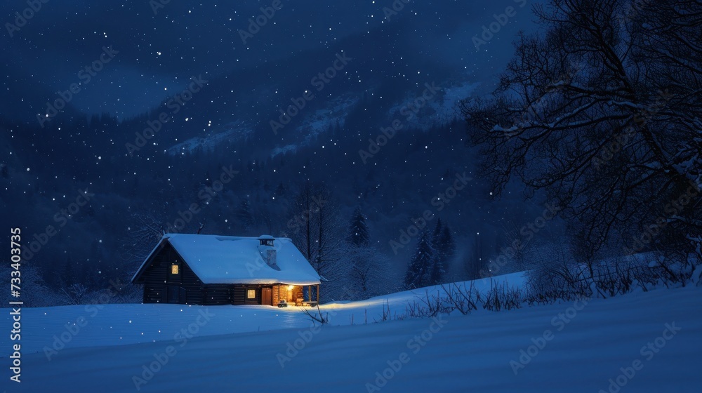  a cabin sits in the middle of a snowy field at night with the moon in the sky and stars in the night sky above the cabin and trees in the foreground.