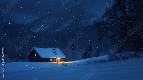  a cabin sits in the middle of a snowy field at night with the moon in the sky and stars in the night sky above the cabin and trees in the foreground. © Anna