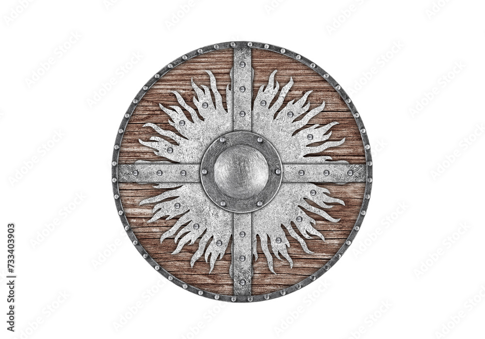 Old decorated wooden round shield isolated on white background