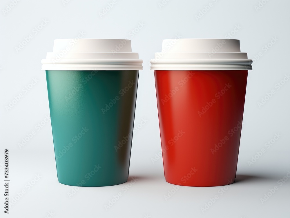 This image features a teal and a red takeaway coffee cup with white lids, positioned side by side on a clean, white surface with a neutral, light grey background that provides a minimalistic and moder This image features a teal and a red takeaway coffee cup with white lids, positioned side by side on a clean, white surface with a neutral, light grey background that provides a minimalistic and moder