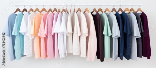 Arrangement of t-shirts on a hanger on a white background