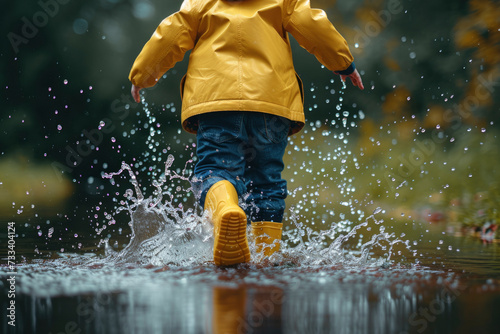 Child in rubber boots and yellow raincoat jumping in puddle, Boy having fun in rainy day