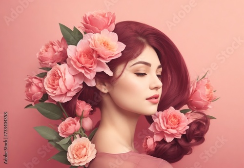 Close up portrait of an attractive young woman with Flowers, Beautiful Model Woman Face, Women's Day Concept.