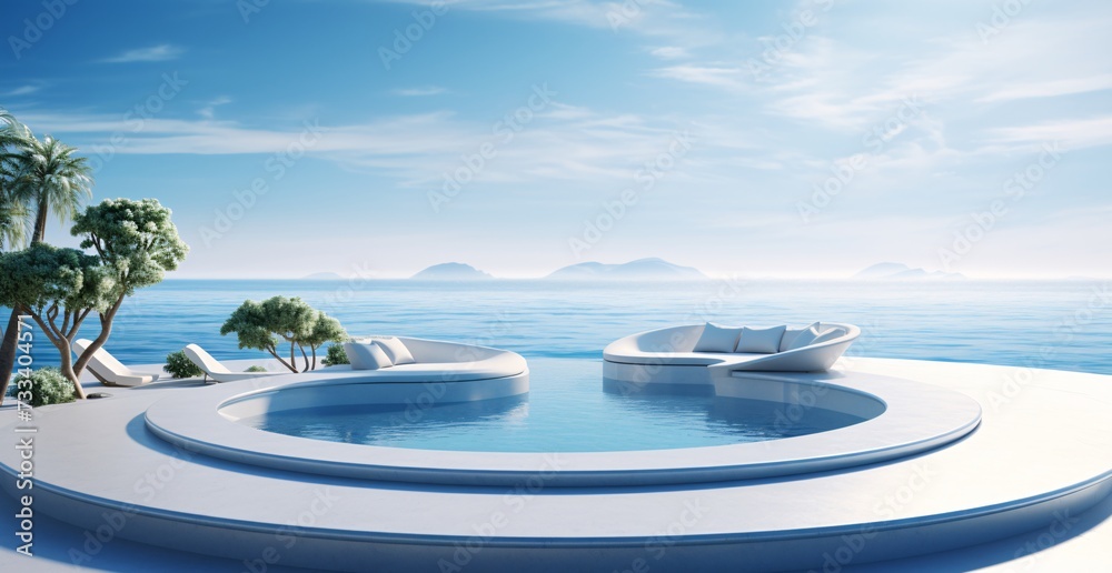 a pool with a circular pool with a circular pool and a tree and a hill in the background