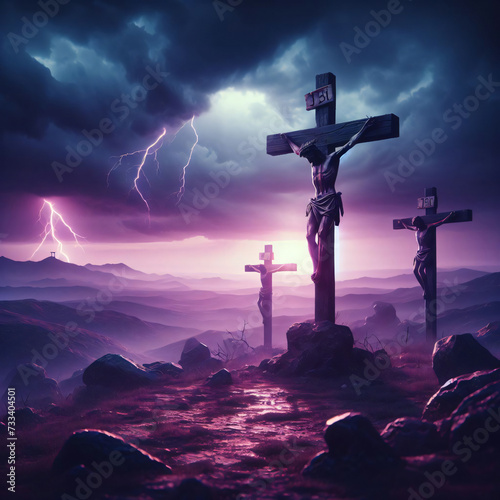Jesus Christ dying on crucifix at Golgotha or Calvary, outside Jerusalem with atmospheric sky with lightening photo