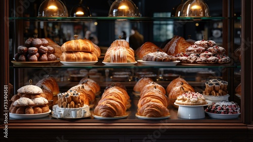 a display of pastries on a shelf photo