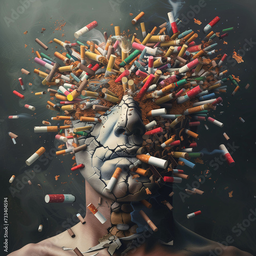 Digital artwork illustrating the impact of smoking through a disintegrating figure composed of cigarette butts..