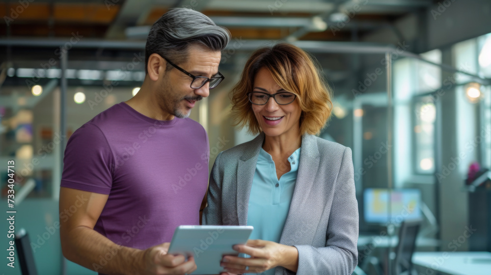 Two professionals are discussing over a tablet, with the woman holding a pen and paper in a well-lit office space filled with plants. Two professionals are discussing over a tablet, with the woman holding a pen and paper in a well-lit office space filled with plants.