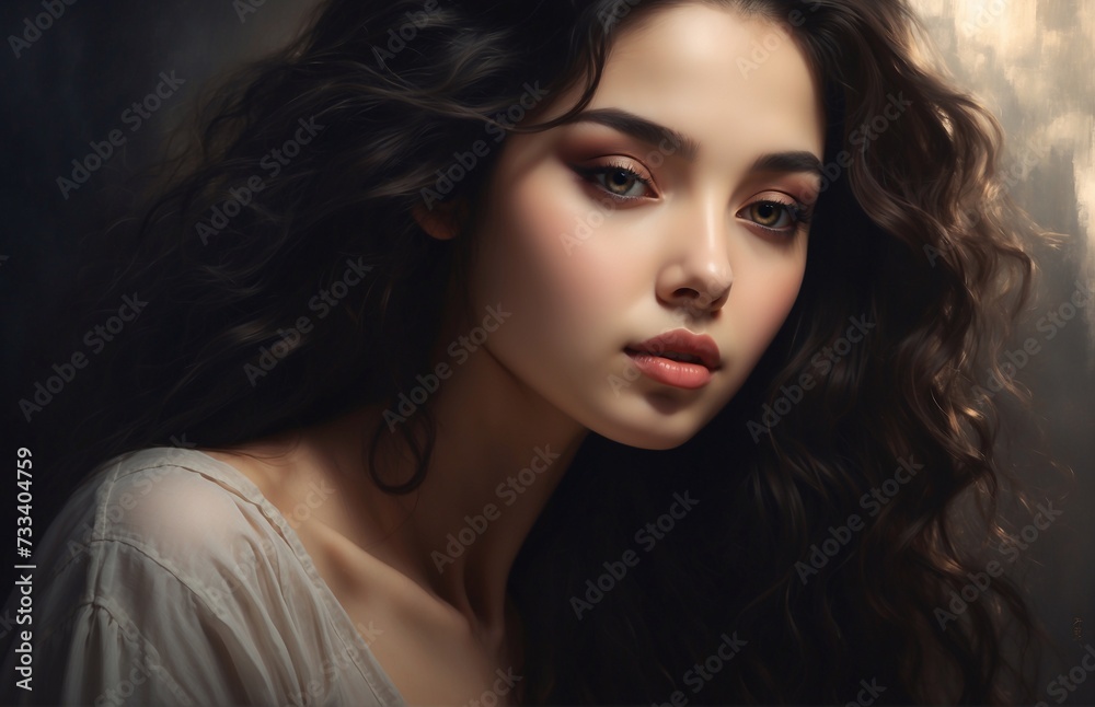 Fototapeta premium Close up portrait of an attractive young woman with Flowers, Beautiful Model Woman Face, Women's Day Concept.