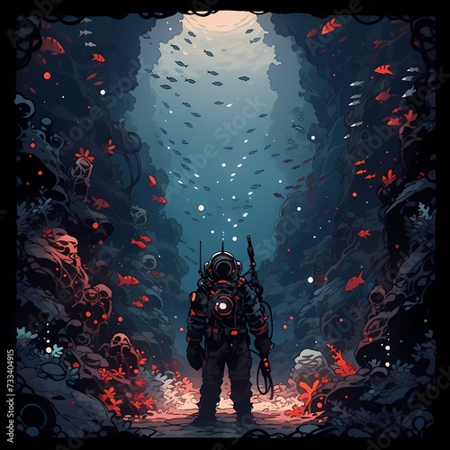 Underwater Explorer in a Diving Suit Surrounded by Sea Life