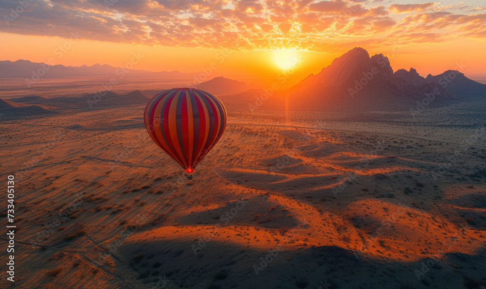 Colorful hot air ballon flying over the mountain landscape. High altitude. Early morning, High dark mountains. (Namibia)