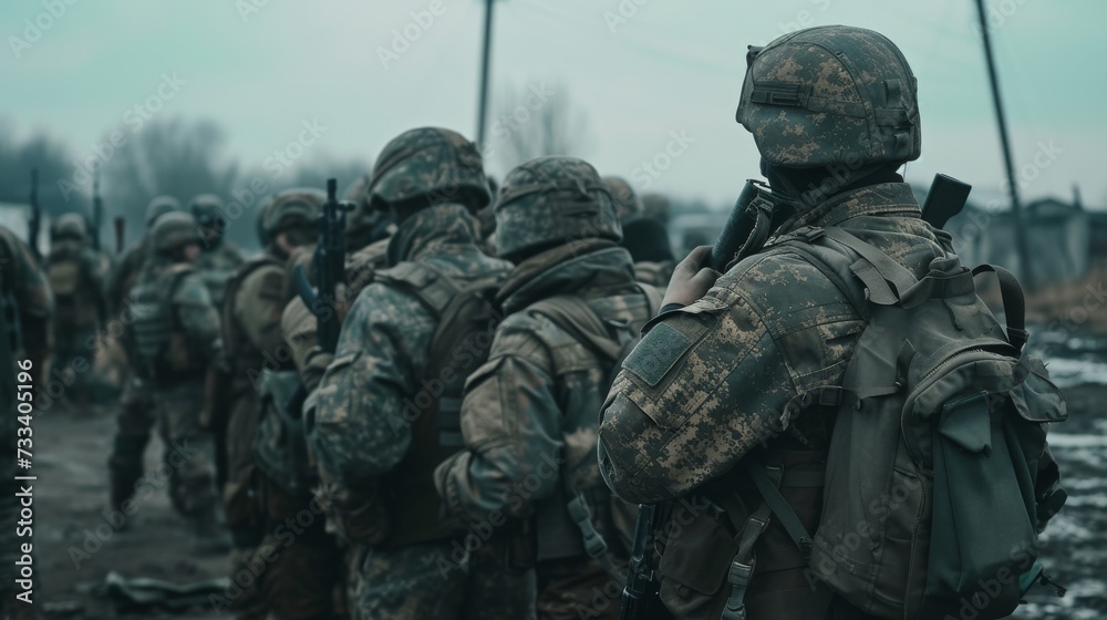 Group of soldiers with hidden faces with rifles posing for a photo Group of soldiers with hidden faces with rifles posing for a photo