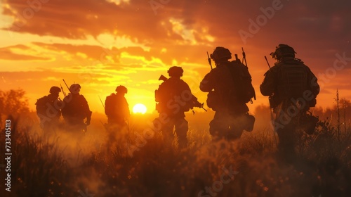 Silhouette of the group of soldiers with hidden faces with rifles posing for a photo,  photo