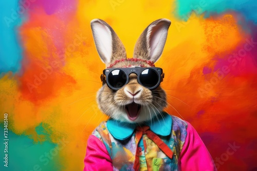 Cool Easter bunny in a suit in front of a colorful background.