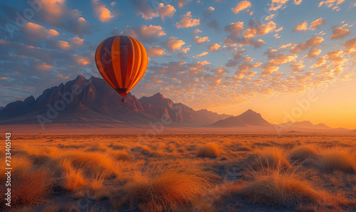 Colorful hot air ballon flying over the mountain landscape. High altitude. Early morning, High dark mountains. (Namibia)