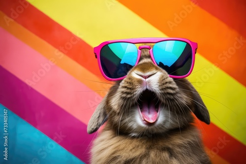 Cool Easter bunny with sunglasses in front of a colorful background.