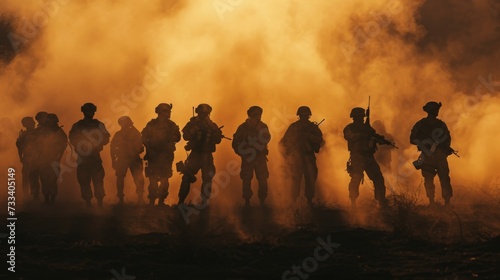 Silhouette of the group of soldiers with hidden faces with rifles posing for a photo, 