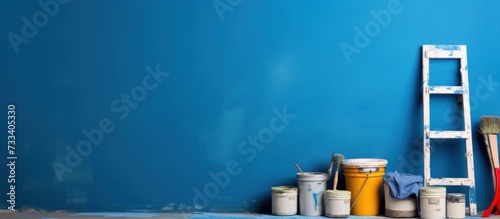 painting equipment is in front of the blue wall