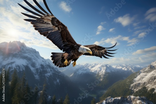White-tailed eagle flying in the blue sky. 3d rendering © Rehman