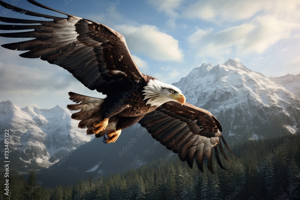 White-tailed eagle flying in the blue sky. 3d rendering