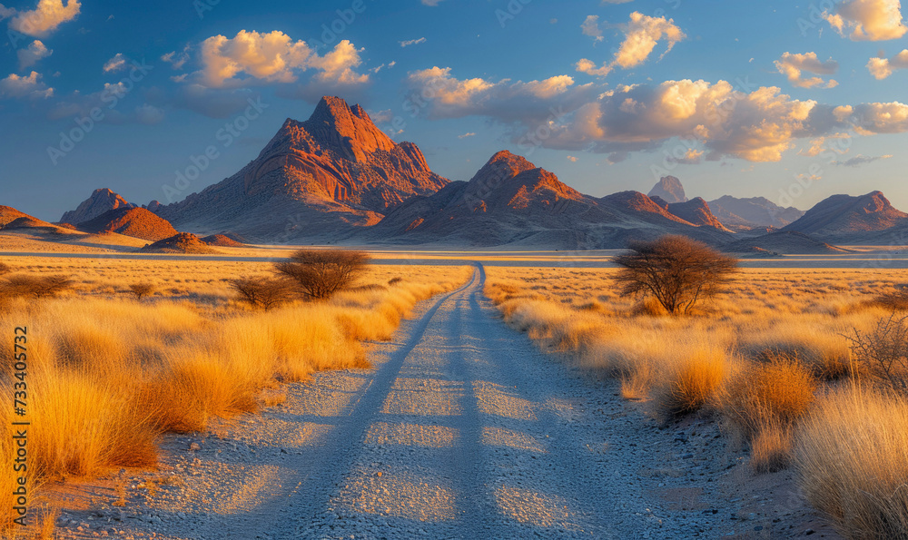 Endless gravel road. Spitzkoppe in a distance. Blue sky with clouds - obrazy, fototapety, plakaty 